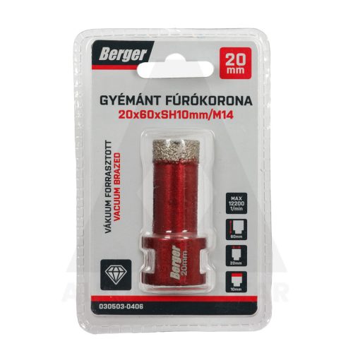 Gyémánt koronafúró 20x60xSH10mm/M14 Berger