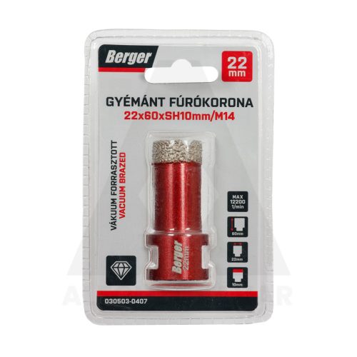 Gyémánt koronafúró 22x60xSH10mm/M14 Berger