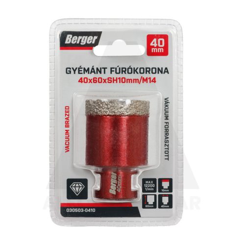 Gyémánt koronafúró 40x60xSH10mm/M14 Berger